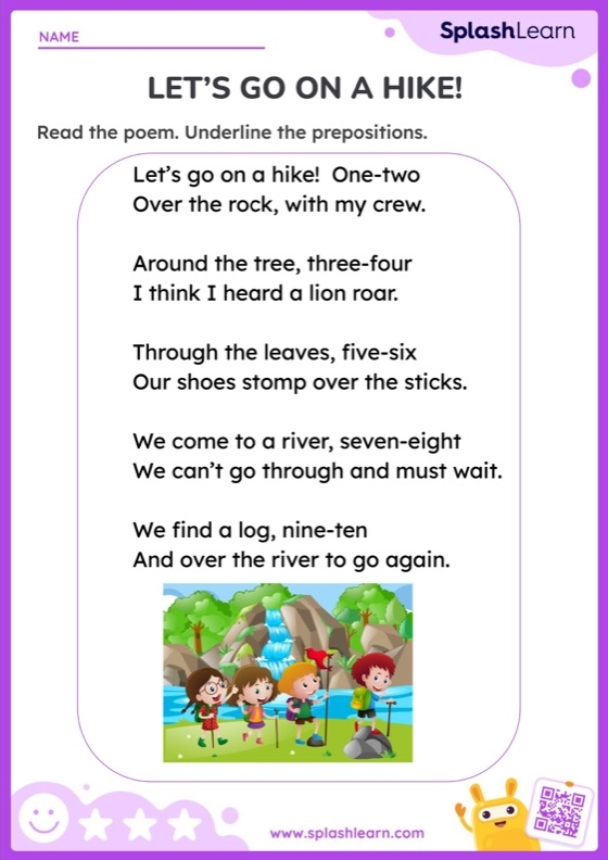 Fifth grade grammar worksheet showing exercises for identifying prepositions and their objects in sentences