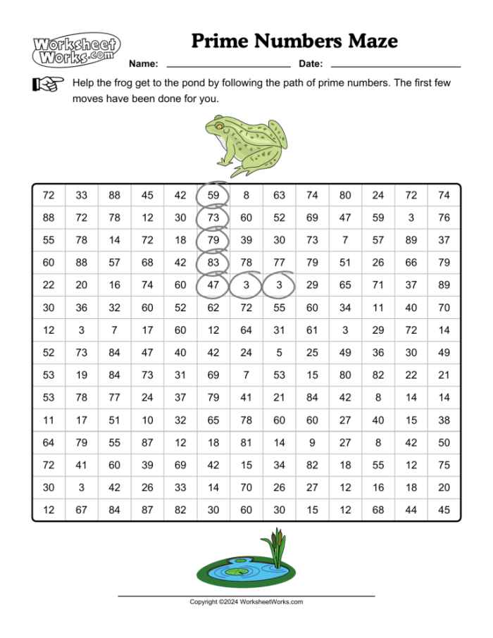 Fun maze activity helping students practice recognizing prime numbers Worksheet featuring a maze for identifying prime numbers aimed at fourth-grade students