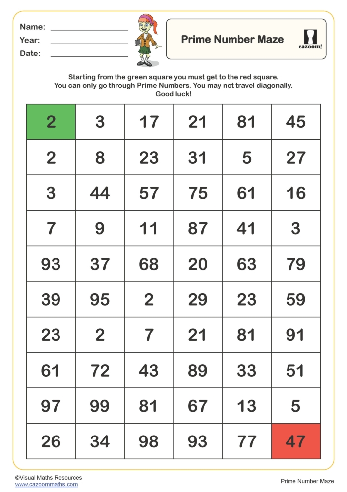 Engaging Identifying Prime Numbers Maze activity for students in Grade 4 A colorful maze worksheet designed for fourth graders to practice identifying prime numbers