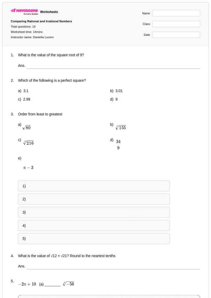 Eighth grade math worksheet focusing on identifying rational and irrational numbers