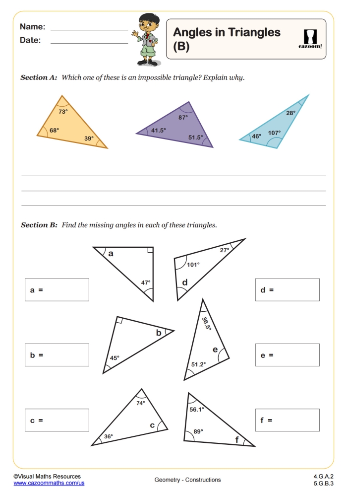 Fourth grade geometry worksheet featuring colorful shapes for students to identify right triangles