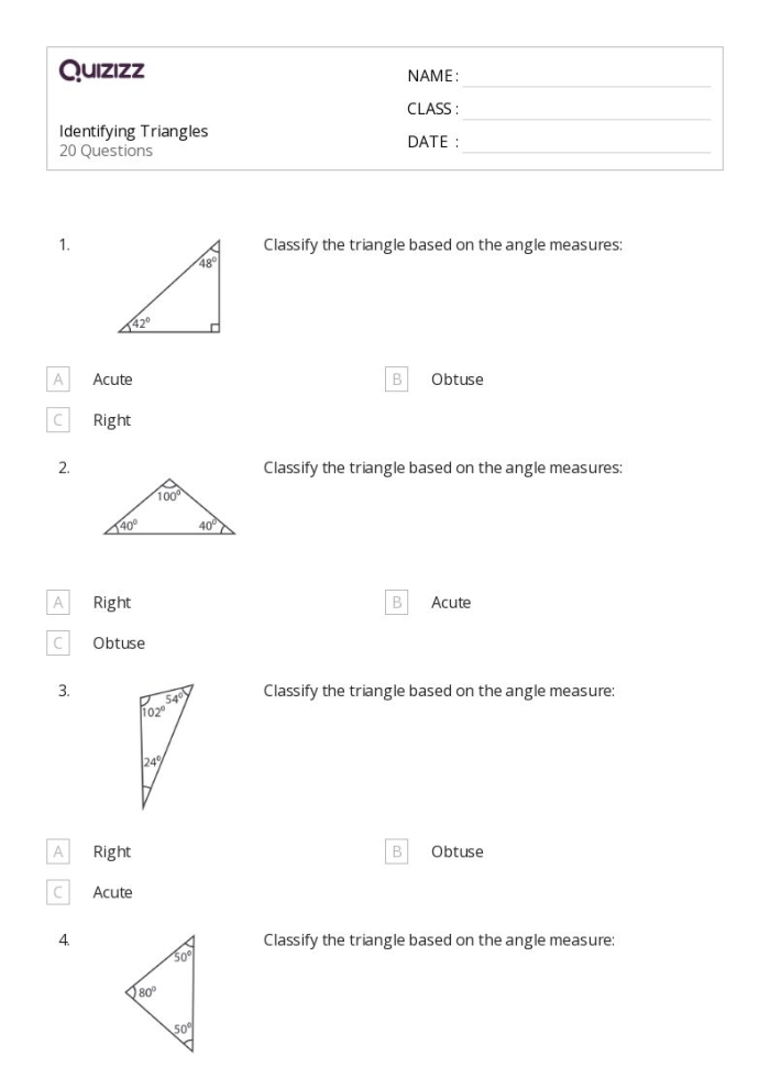 Colorful fourth grade worksheet showing various triangles with a focus on identifying right angles and right triangle shapes