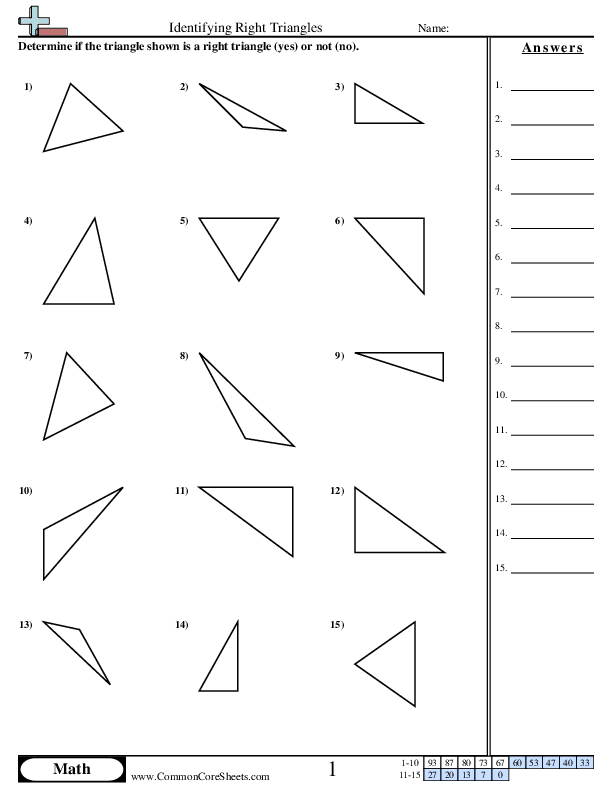 Fourth grade geometry worksheet featuring colorful shapes for practicing how to identify right triangles