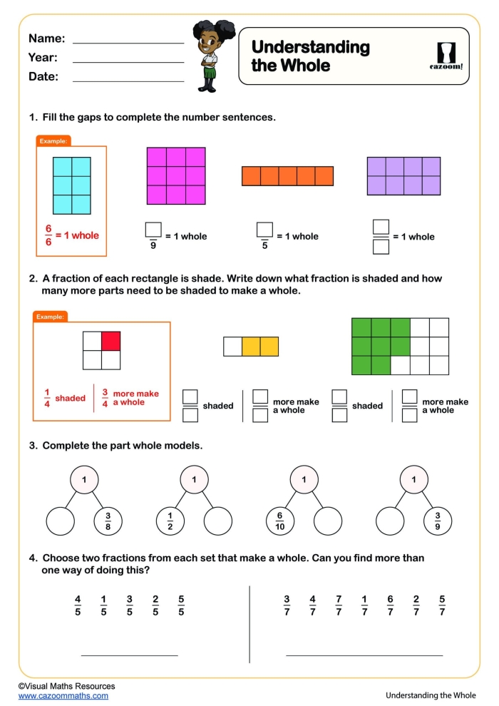 Worksheet showing fractions for third graders with shaded shapes to identify