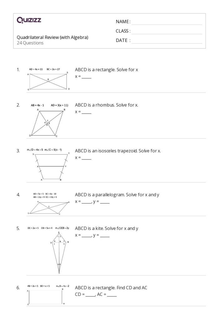 Second grade geometry worksheet showing colorful trapezoids and quadrilaterals mixed with other 2D shapes for students to identify and count