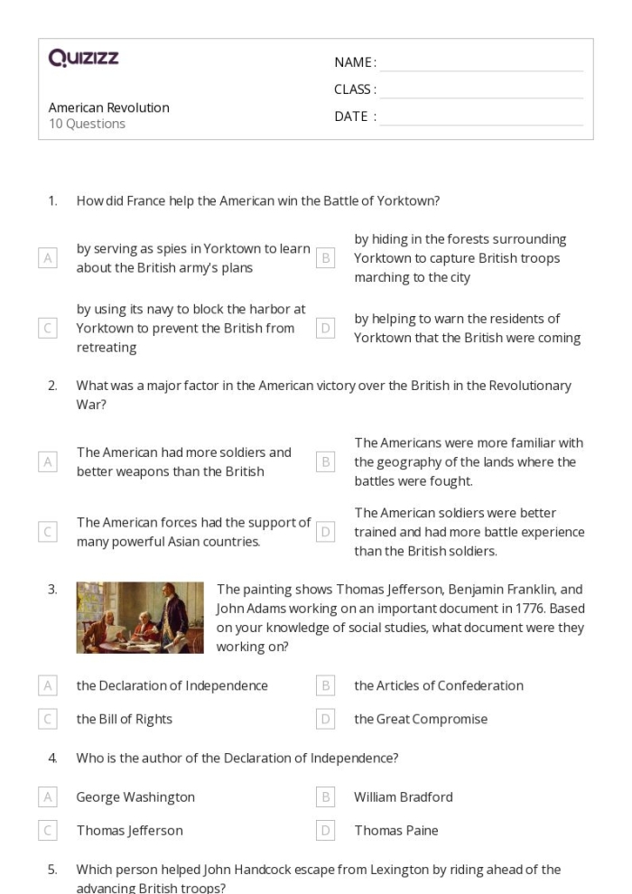 Worksheet illustrating the distinction between primary and secondary sources related to the American Revolution
