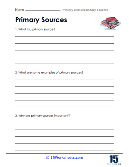 Worksheet illustrating the differences between primary and secondary sources for sixth graders