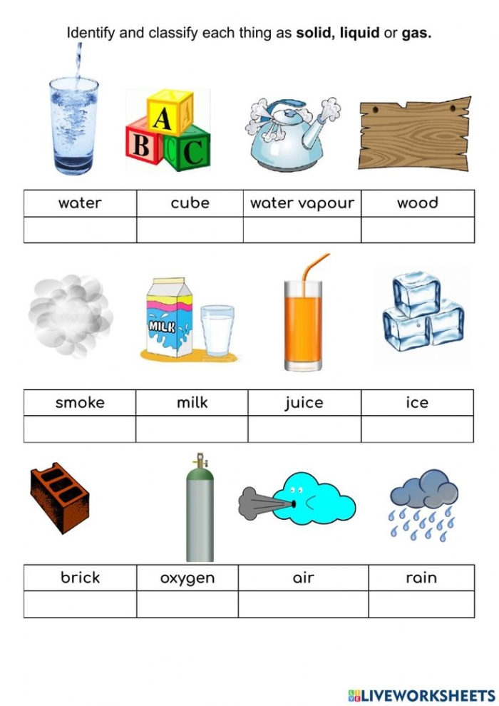 Worksheet for identifying solid, liquid, and gas states of matter for second graders