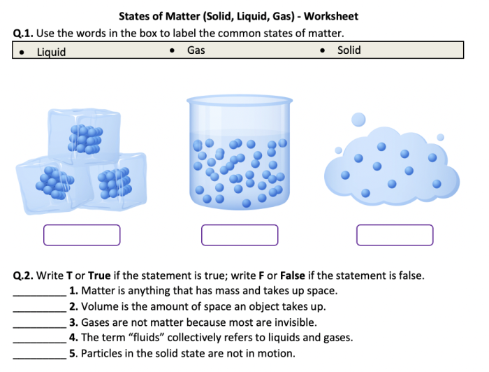 Worksheet for identifying states of matter: solid, liquid, and gas for second graders