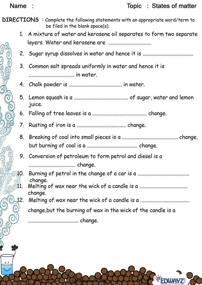 Worksheet for identifying solid, liquid, and gas states of matter for second graders