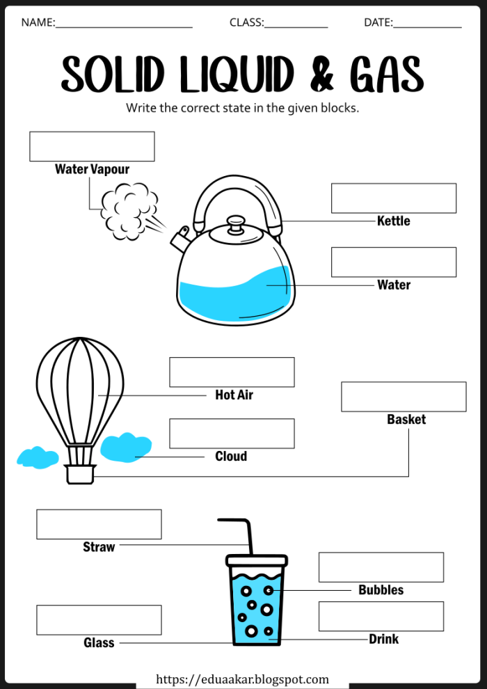 Second grade science worksheet asking students to categorize objects as solid, liquid, or gas