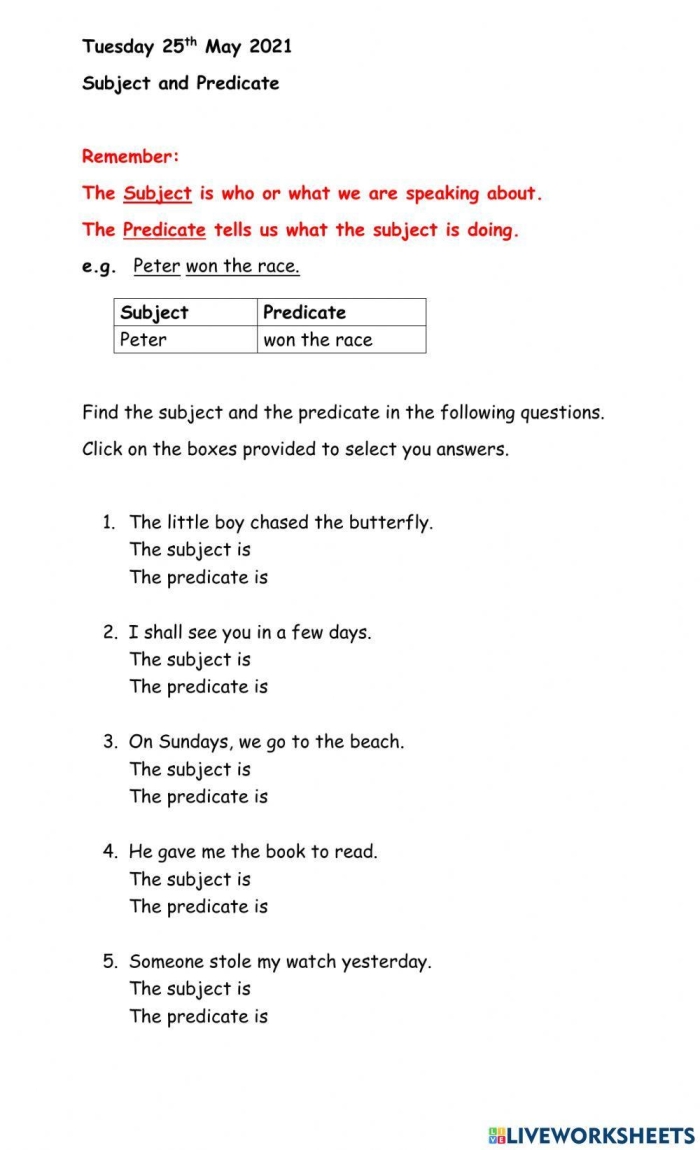Engaging worksheet for mixed operations focusing on subjects and predicates Third grade subject and predicate worksheet for identifying subjects and predicates in sentences