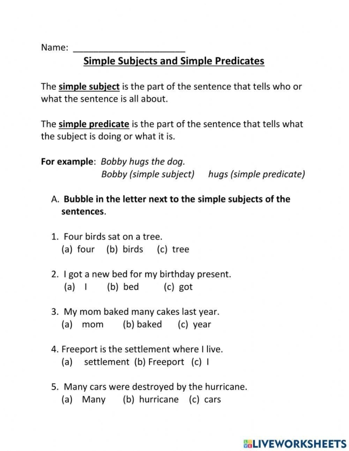 Identifying Subjects and Predicates Worksheet for Fourth Grade Students Number 21 Fourth grade grammar worksheet featuring exercises for identifying subjects and predicates in sentences