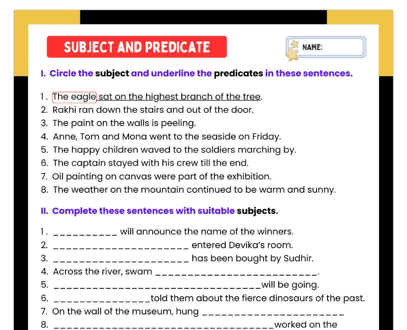 Identifying Subjects and Predicates Worksheet Part Three A colorful fourth grade worksheet page showing exercises for identifying subjects and predicates in sentences.
