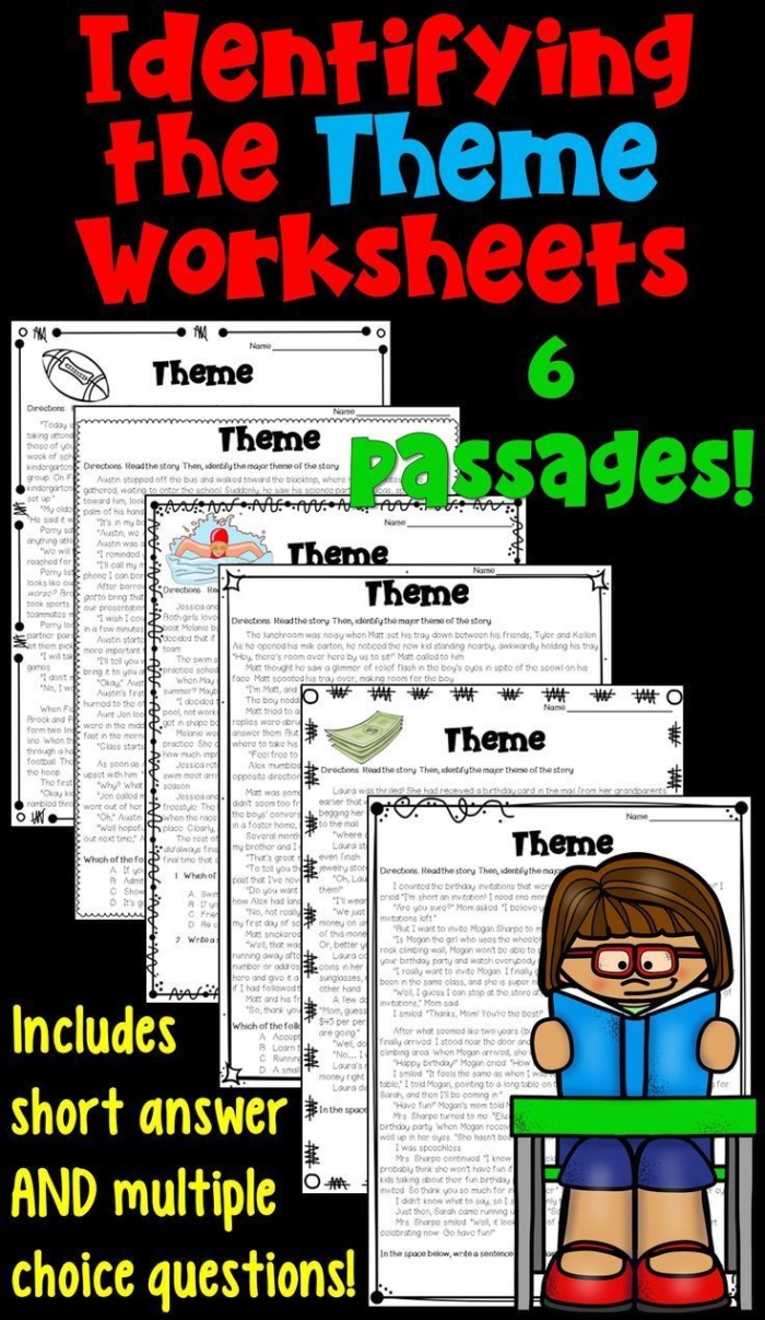 A fourth grade flowchart worksheet showing students how to identify the theme in a fictional story