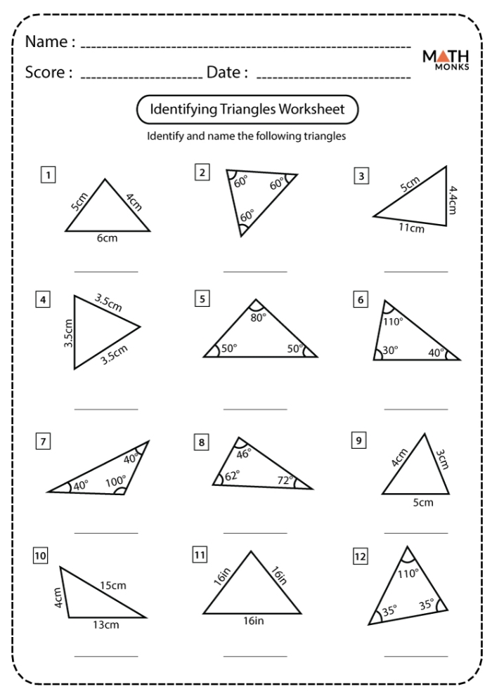 Identifying Triangles worksheet for third graders to enhance geometry skills Worksheet featuring various triangles for identification as equilateral, isosceles, or scalene