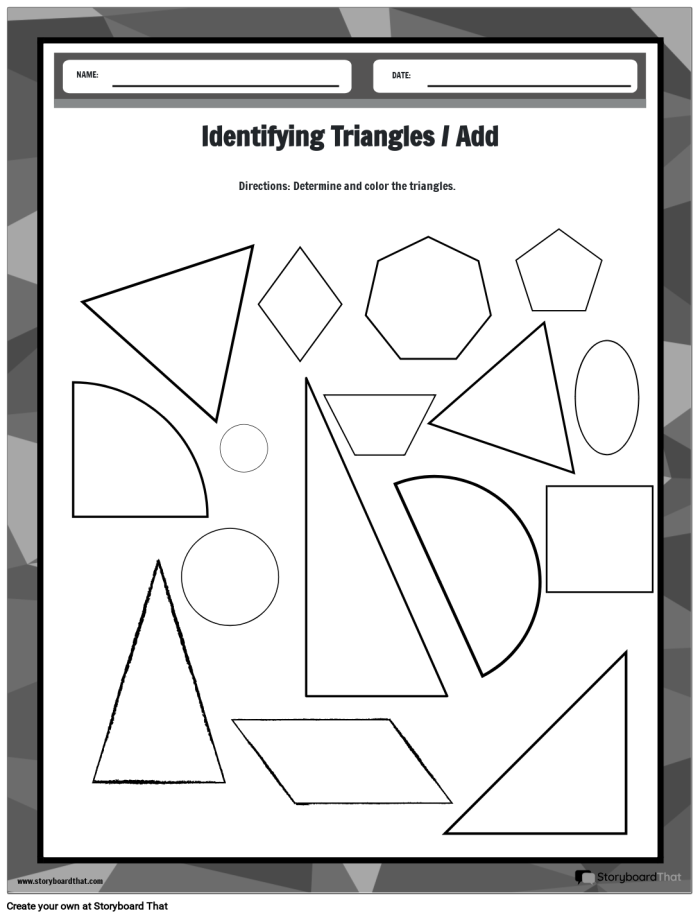 Identifying Triangles worksheet for third graders with labels for shapes Colorful worksheet featuring various triangles for identification