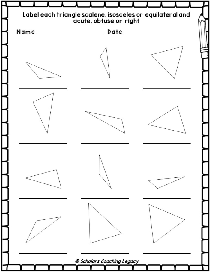 Geometry worksheet: Identifying Triangles for Grade 3 Worksheet for identifying and labeling triangles as equilateral, isosceles, or scalene for third graders