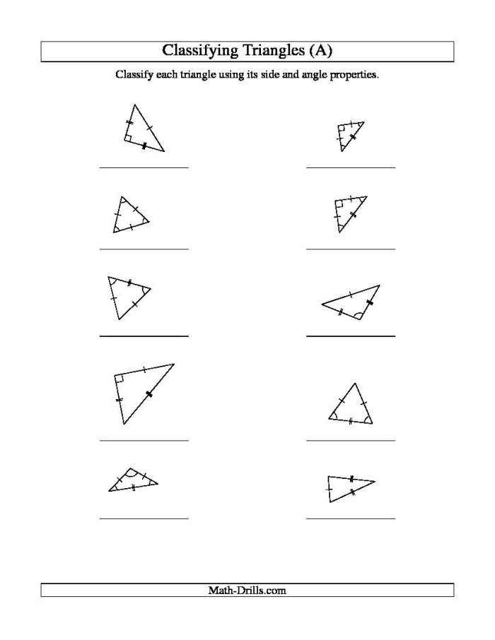 Image of the Identifying Triangles worksheet for third graders Worksheet for identifying different types of triangles such as equilateral, isosceles, and scalene
