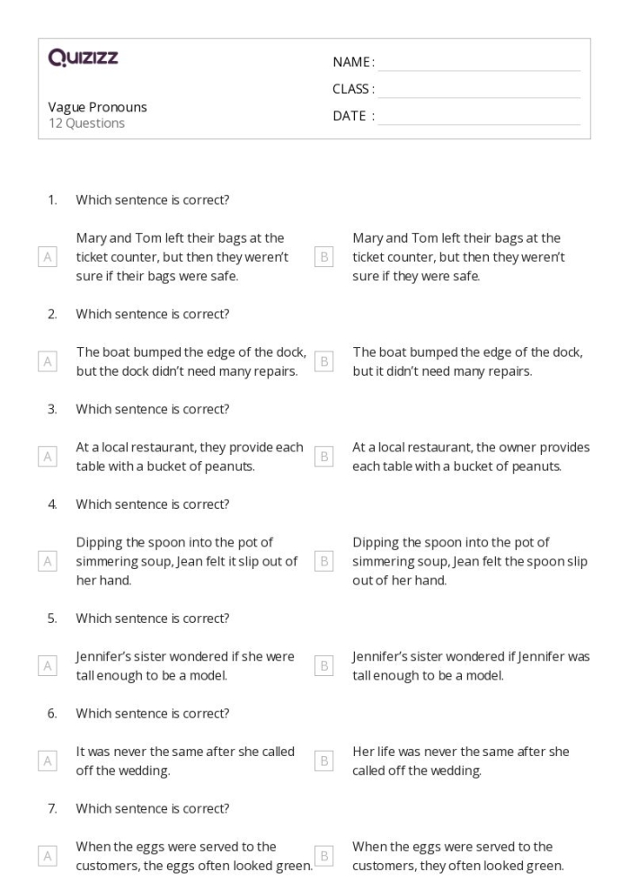 Vague Pronouns Grammar Worksheet for Sixth Graders Worksheet for identifying vague pronouns in sixth-grade writing exercises