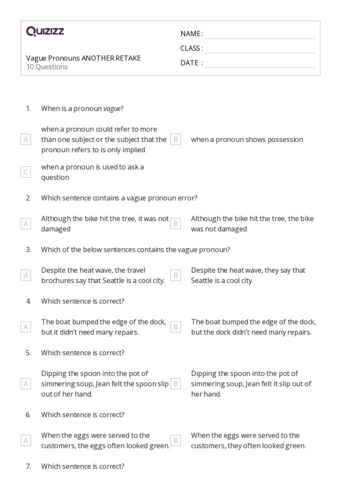 Enhance grammar with the Identifying Vague Pronouns worksheet for students Worksheet for identifying vague pronouns in sixth-grade writing skills