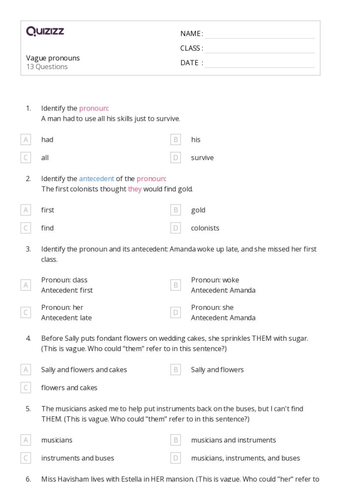 Identifying Vague Pronouns worksheet for sixth-grade grammar practice Worksheet for identifying vague pronouns in writing for sixth graders