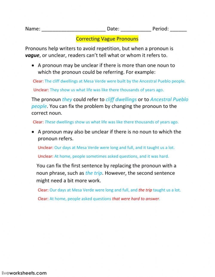 Enhance grammar skills with this Identifying Vague Pronouns worksheet for Grade 6 Worksheet for identifying vague pronouns in sixth-grade writing exercises