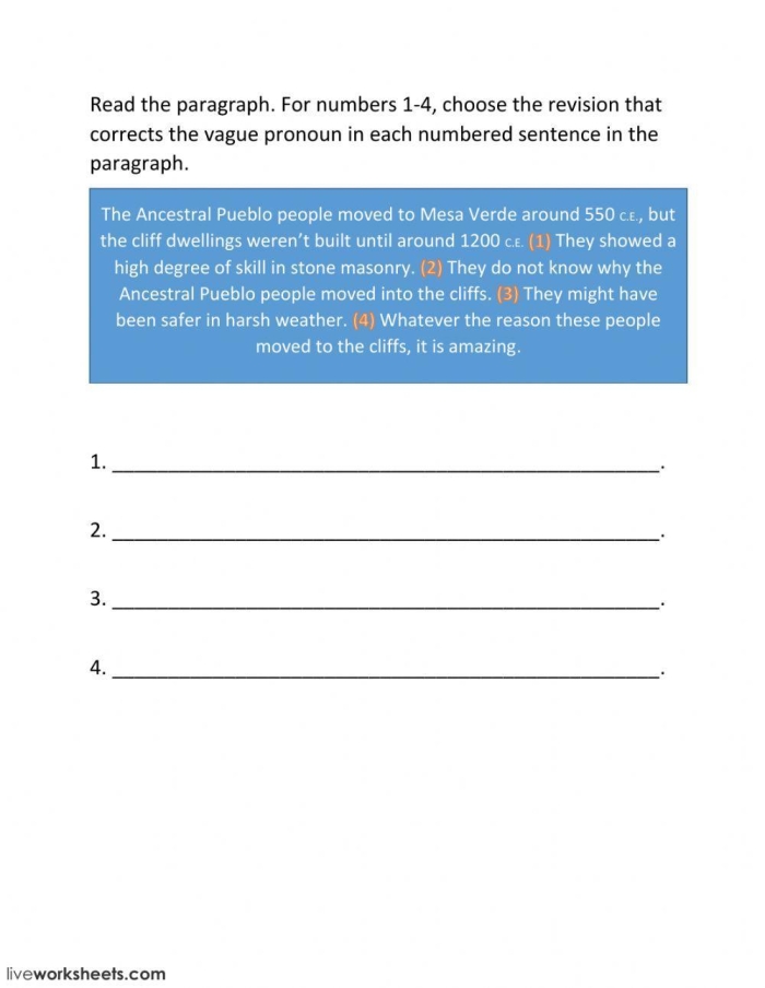Identifying Vague Pronouns Worksheet - Grade 6 Grammar Exercise Worksheet for identifying vague pronouns to enhance sixth-grade writing skills