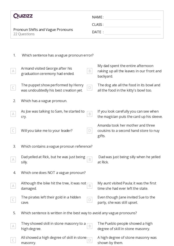 Vague Pronouns Worksheet for Sixth Grade Students Worksheet for identifying vague pronouns in sixth-grade writing exercises
