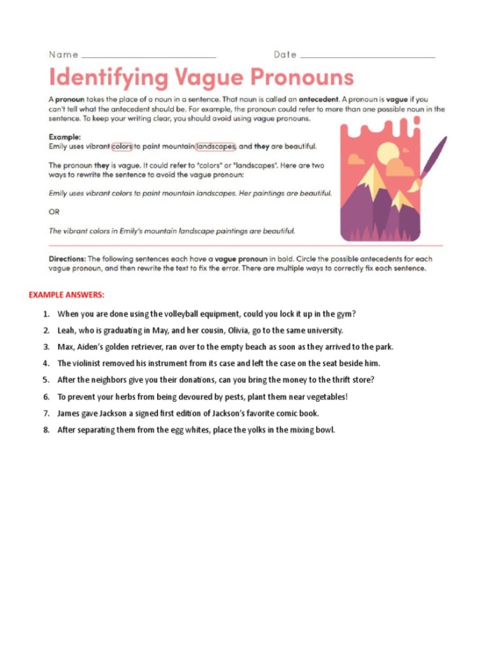 Engaging worksheet for sixth-grade students to improve grammar by clarifying pronouns Worksheet focused on identifying vague pronouns to enhance writing skills for sixth graders