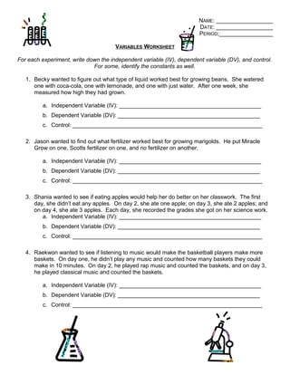 Sixth grade math worksheet for identifying independent and dependent variables in real-world scenarios