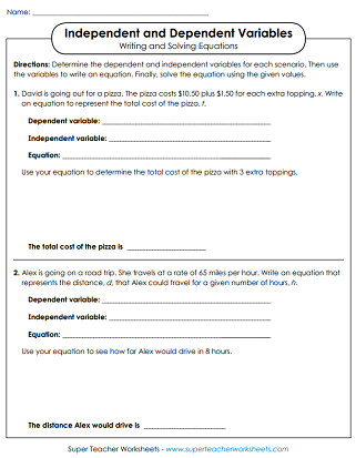 Worksheet for identifying independent and dependent variables in real-life situations