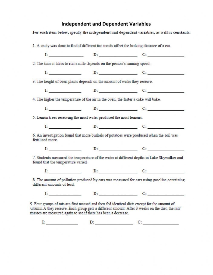 Worksheet displaying scenarios for identifying independent and dependent variables in math. Identifying Independent and Dependent Variables Worksheet for Sixth Grade.