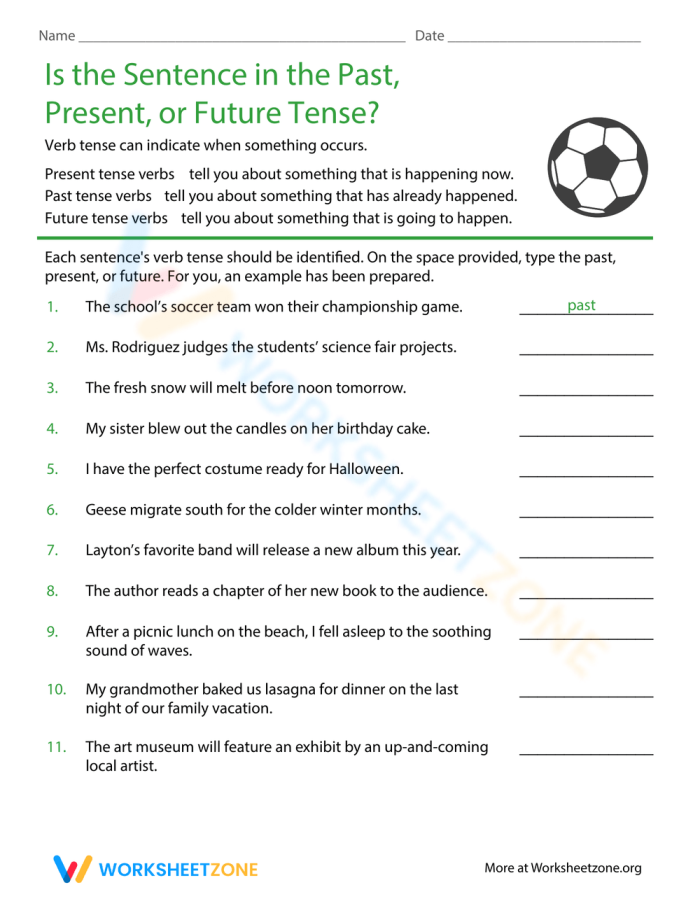 Practice worksheet 22 for identifying verb tenses in sentences Fifth grade grammar worksheet showing sentences with simple verb tenses for students to identify as past, present, or future tense