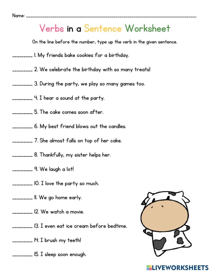Identifying Verbs Worksheet for First Grade Action Word Practice 14 First grade student identifying action words in sentences on a printable language arts worksheet