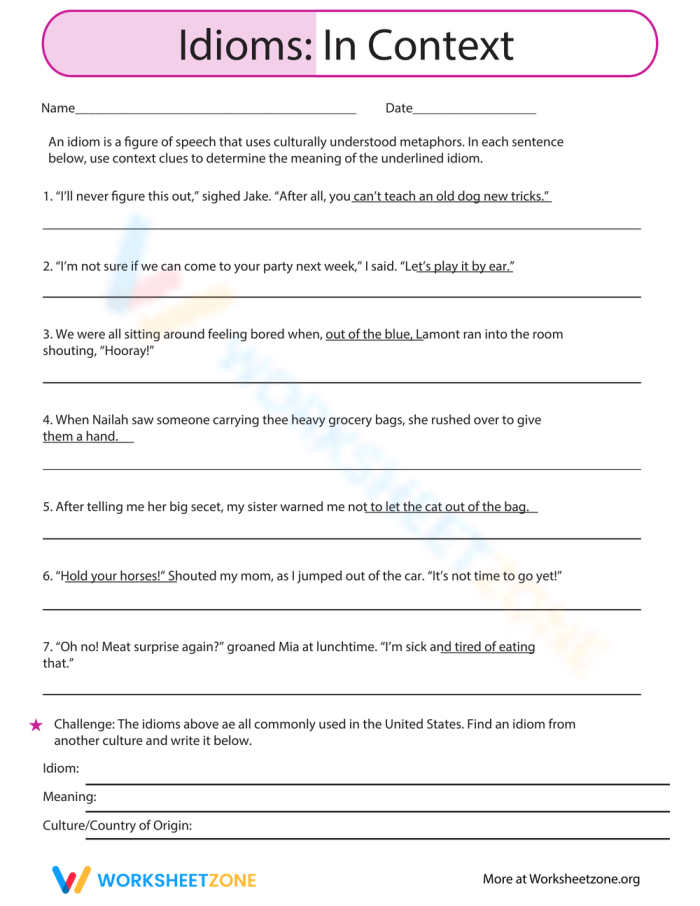Worksheet on common English idioms for figurative language practice Illustration of a worksheet featuring idioms in context for third graders