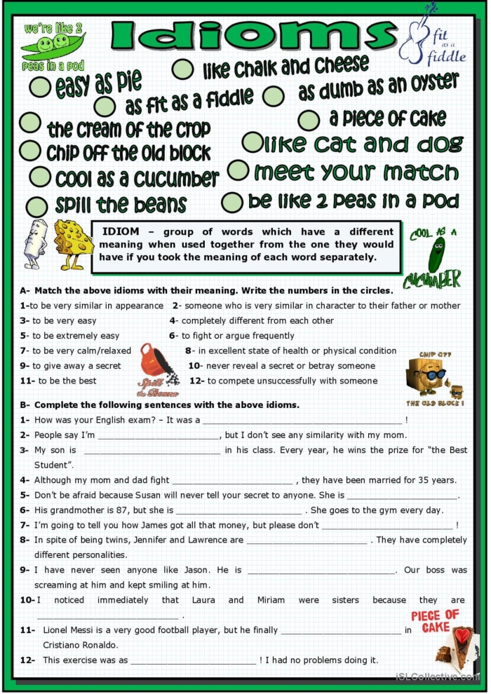 Idiom exploration worksheet for students to learn idiomatic expressions and meanings Worksheet showcasing common English idioms for third graders focusing on numbers and counting