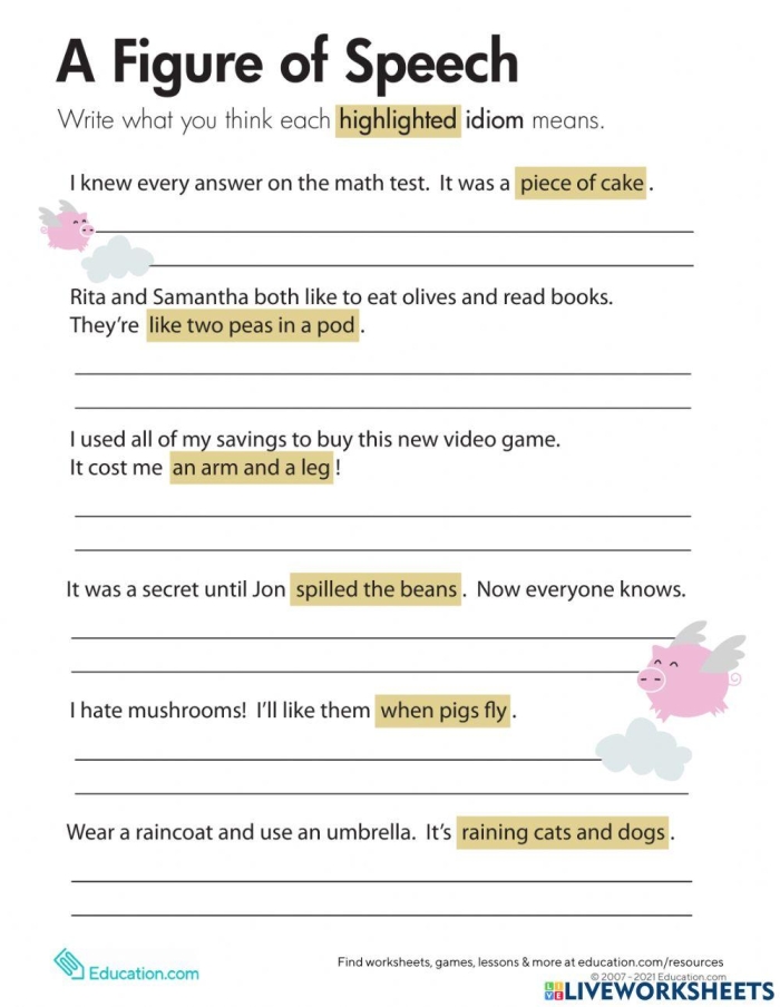 Visual guide to common English idioms in sentence form Worksheet featuring idioms in context for third-grade students