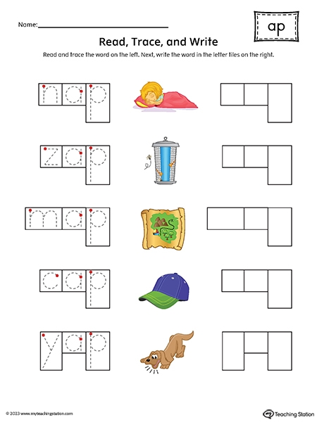 Kindergarten student completing a cut-and-paste activity to practice spelling -ike family words