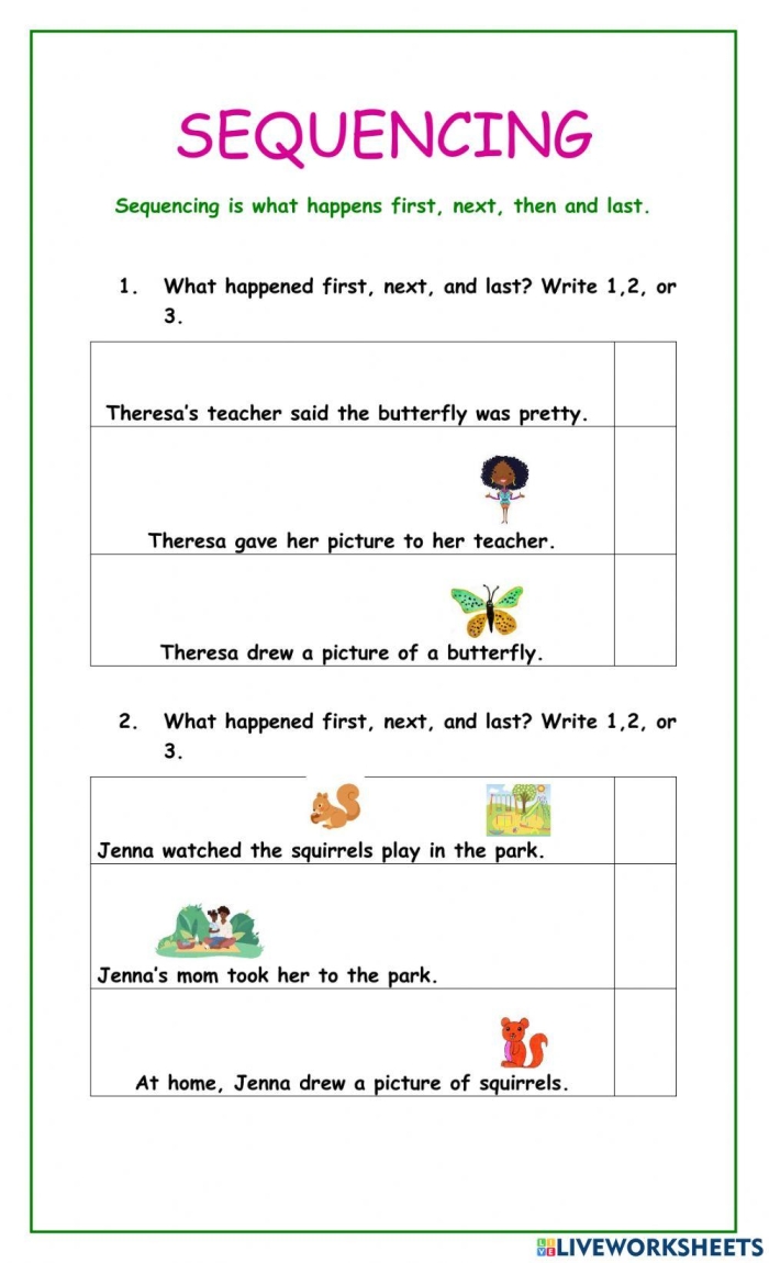 Image depicting a mixed operations assessment for young learners on sequencing events Image Sequencing Check-In worksheet for Pre-K students illustrating the concept of event sequencing