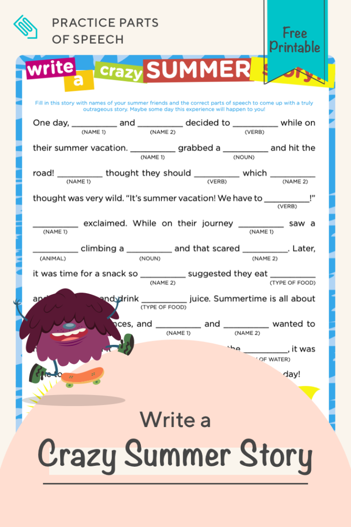 Worksheet for creating imaginative summer road trip stories with fun grammar elements.