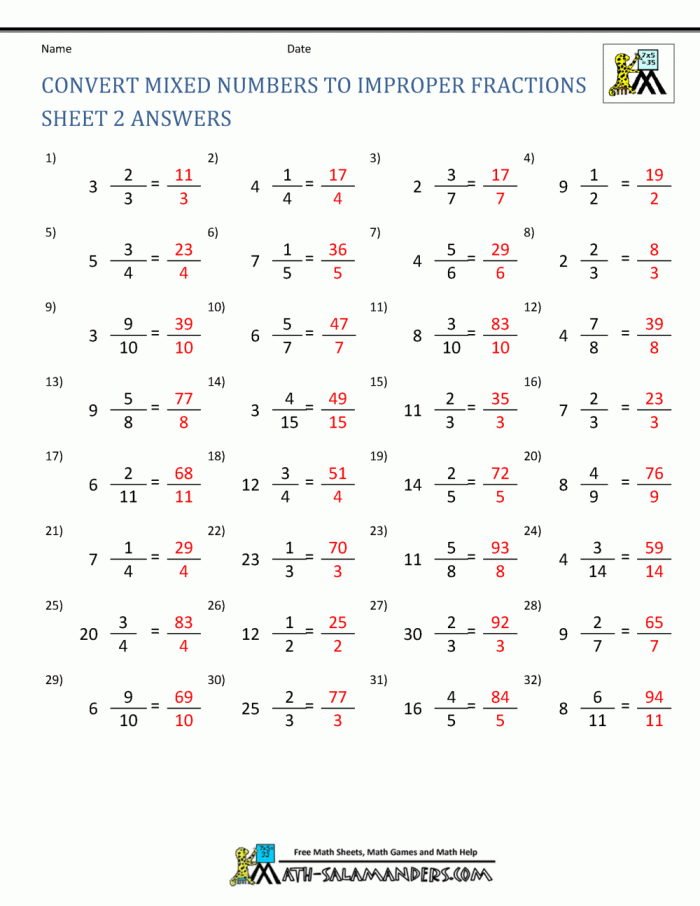 Converting Improper Fractions and Mixed Numbers Worksheet for Fourth Grade 11 Fourth grade students practice converting improper fractions to mixed numbers and coloring shapes on this worksheet
