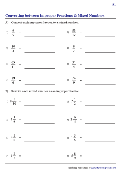 Converting Improper Fractions to Mixed Numbers Worksheet 17 Fourth grade math worksheet for converting improper fractions to mixed numbers featuring coloring activities for image 17