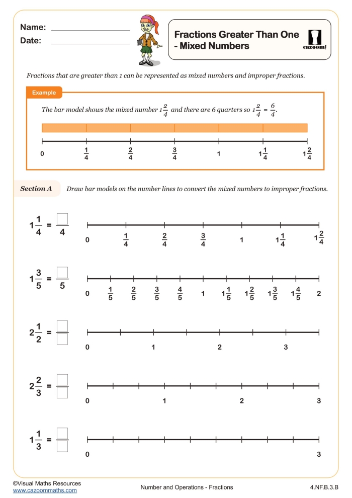 Fourth grade math worksheet featuring step by step instructions on converting improper fractions to mixed numbers