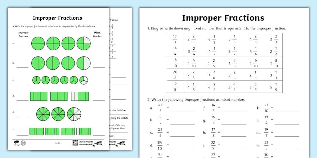 Fourth grade math worksheet for converting improper fractions to mixed numbers