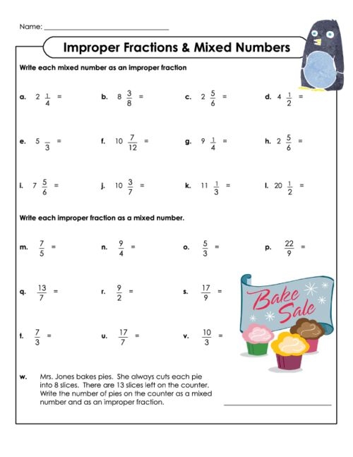 Worksheet featuring improper fractions conversion for fourth graders