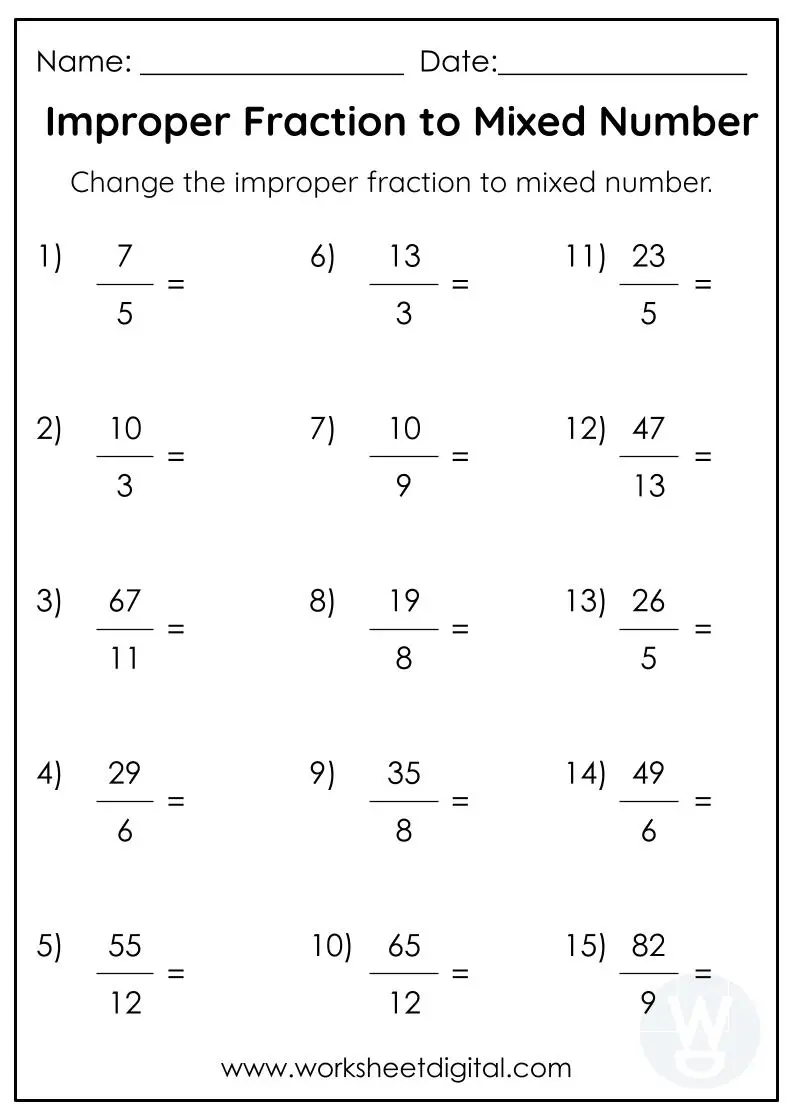 Fourth grade math worksheet featuring step by step instructions on converting improper fractions to mixed numbers