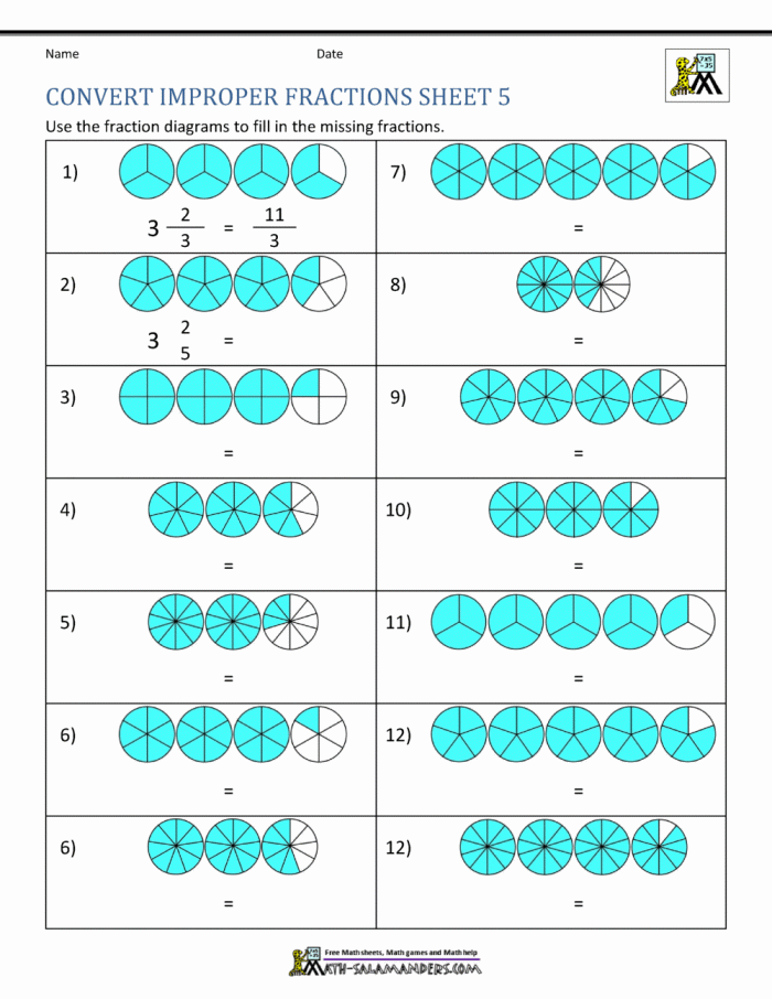 Fourth grade math worksheet for converting improper fractions to mixed numbers