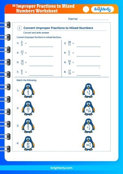 Converting Improper Fractions to Mixed Numbers worksheet image featuring a hungry Kramster Kramster enjoying a math challenge with an improper fractions worksheet for fourth graders