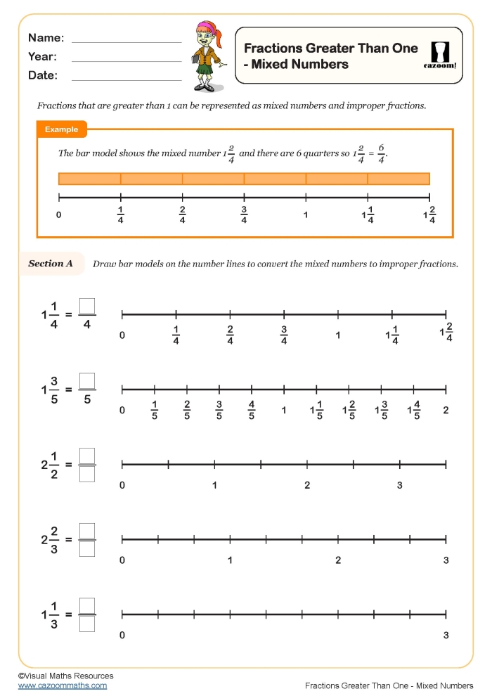 Worksheet featuring improper fractions conversion for fourth graders
